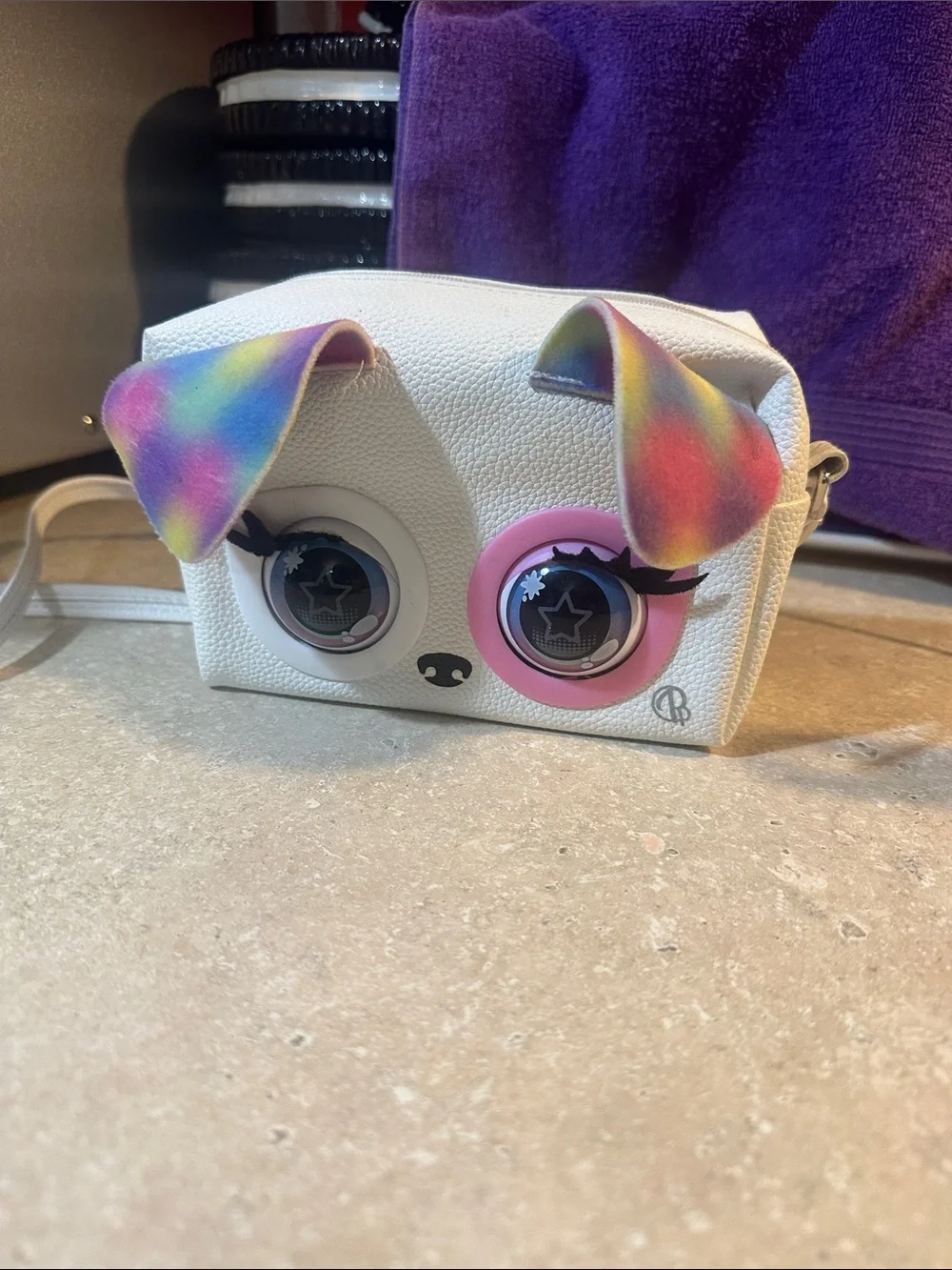 White Puppy Face Crossbody Bag with Rainbow Ears. Inside show the picture. Stain
